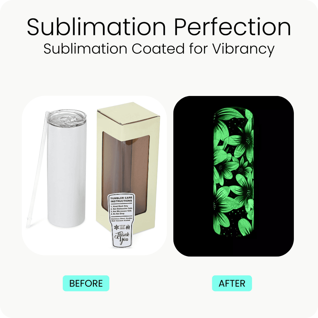 glow in the dark sublimation tumbler, 20oz skinny, before and after