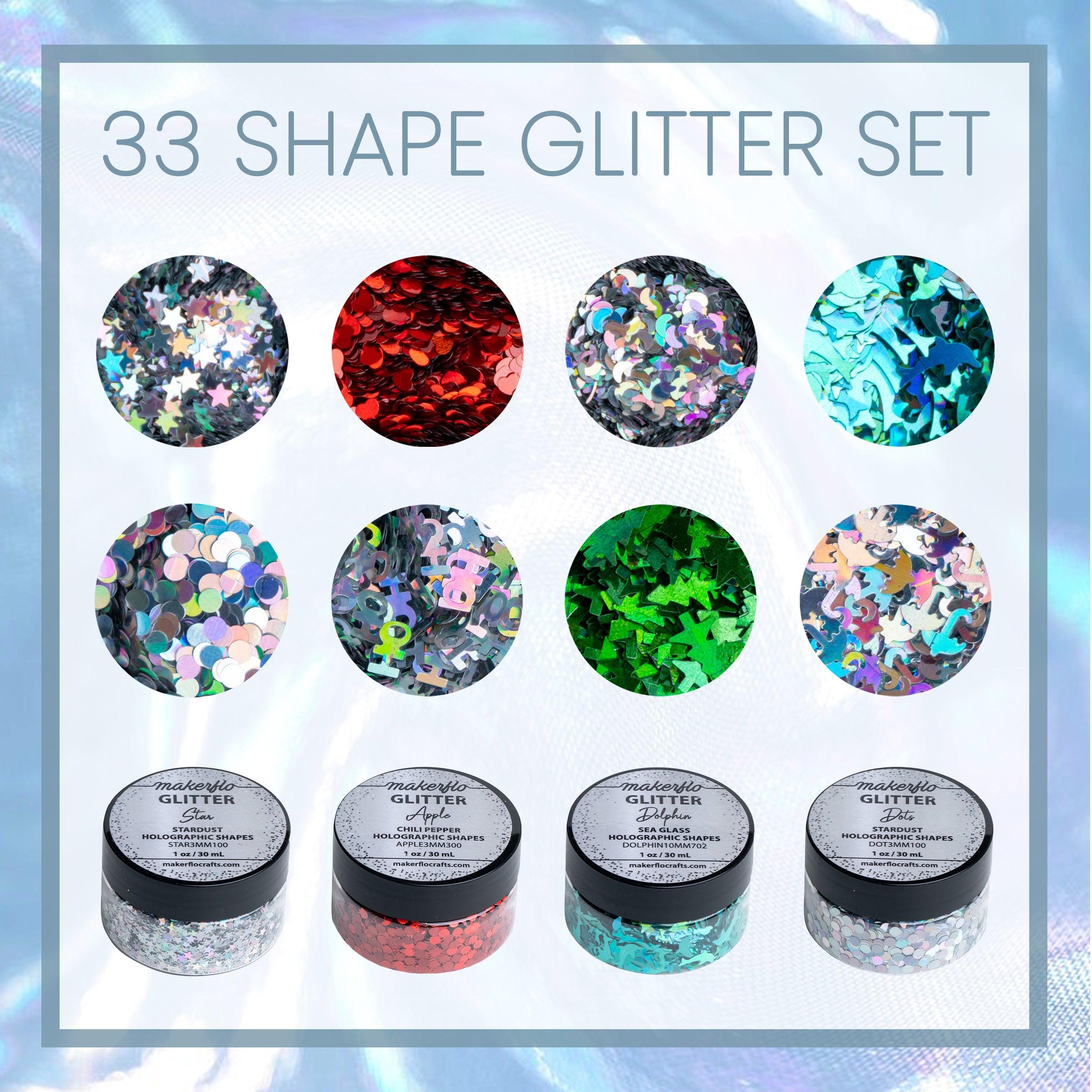 MakerFlo Holographic Shape Glitter Variety Set Pack of 33, 1 oz Each for DIY, Festival Decoration Crafts & Slime