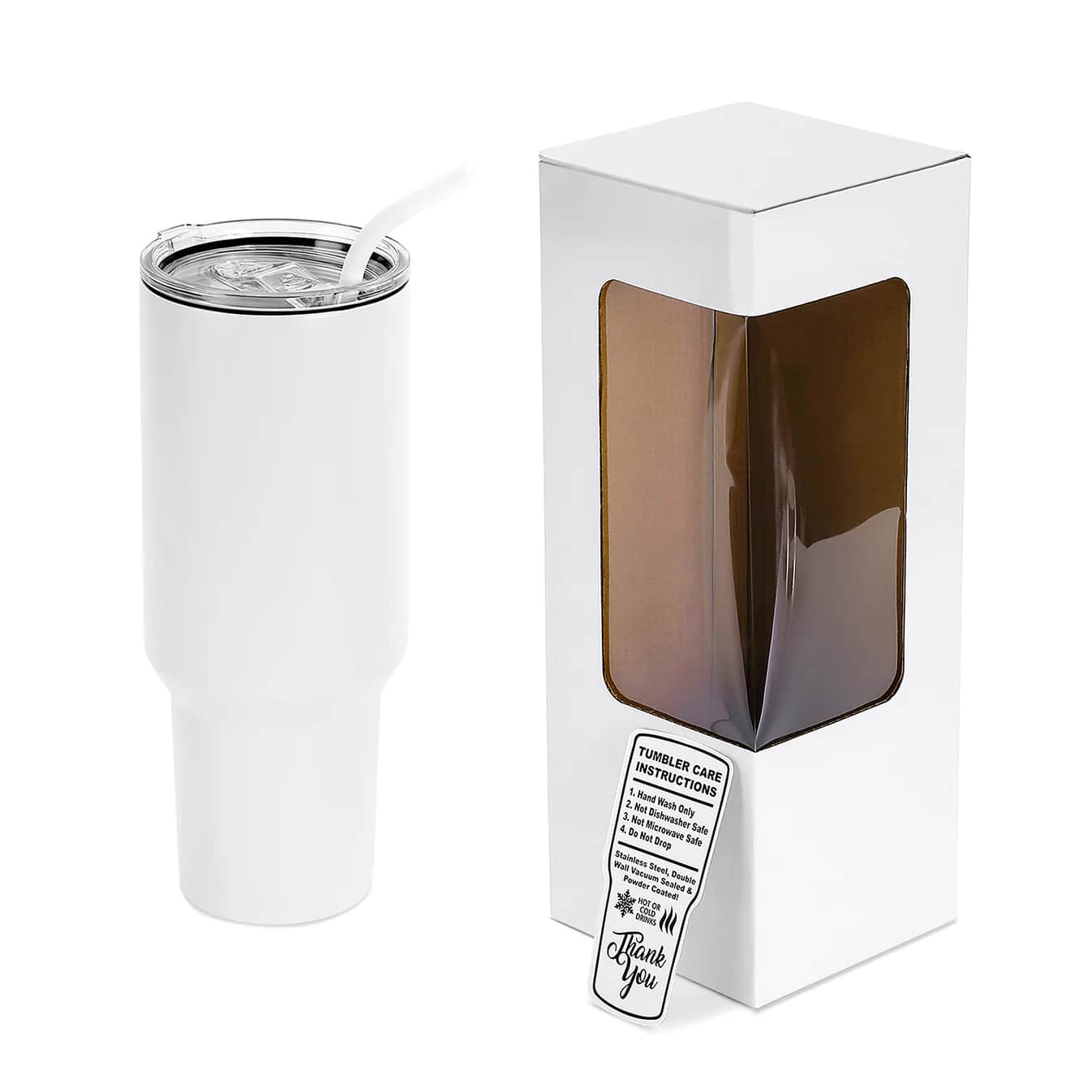 40 oz tumbler white box, lid, straw