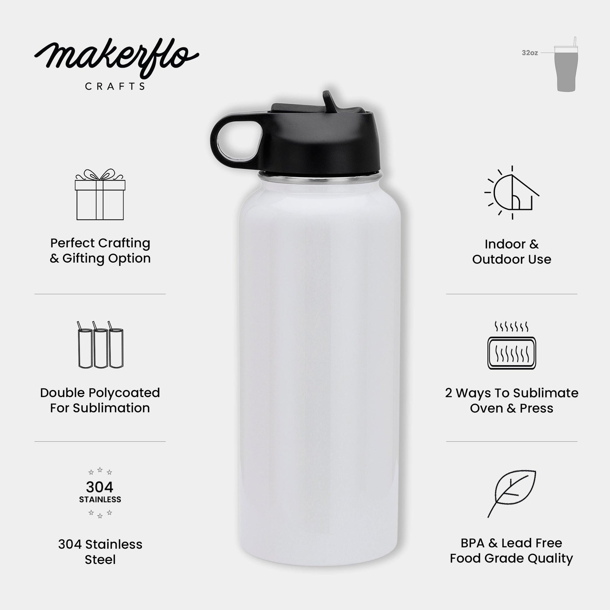 MakerFlo 32 oz Hydro Water Bottle - 2 Lids - Stainless Steel - 25 Pcs | Michaels