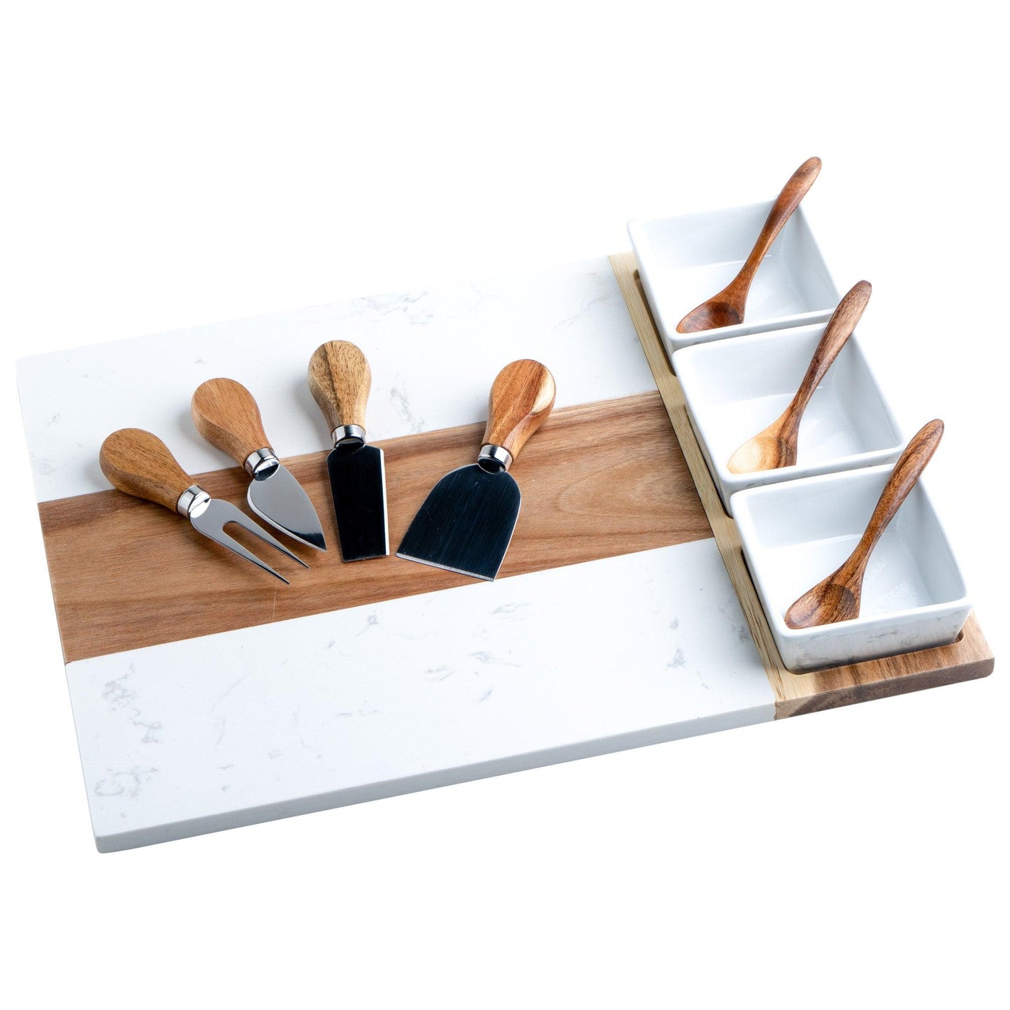 Marble and Acacia Charcuterie Board Set with Cheese Knives, Size: 15 x 8