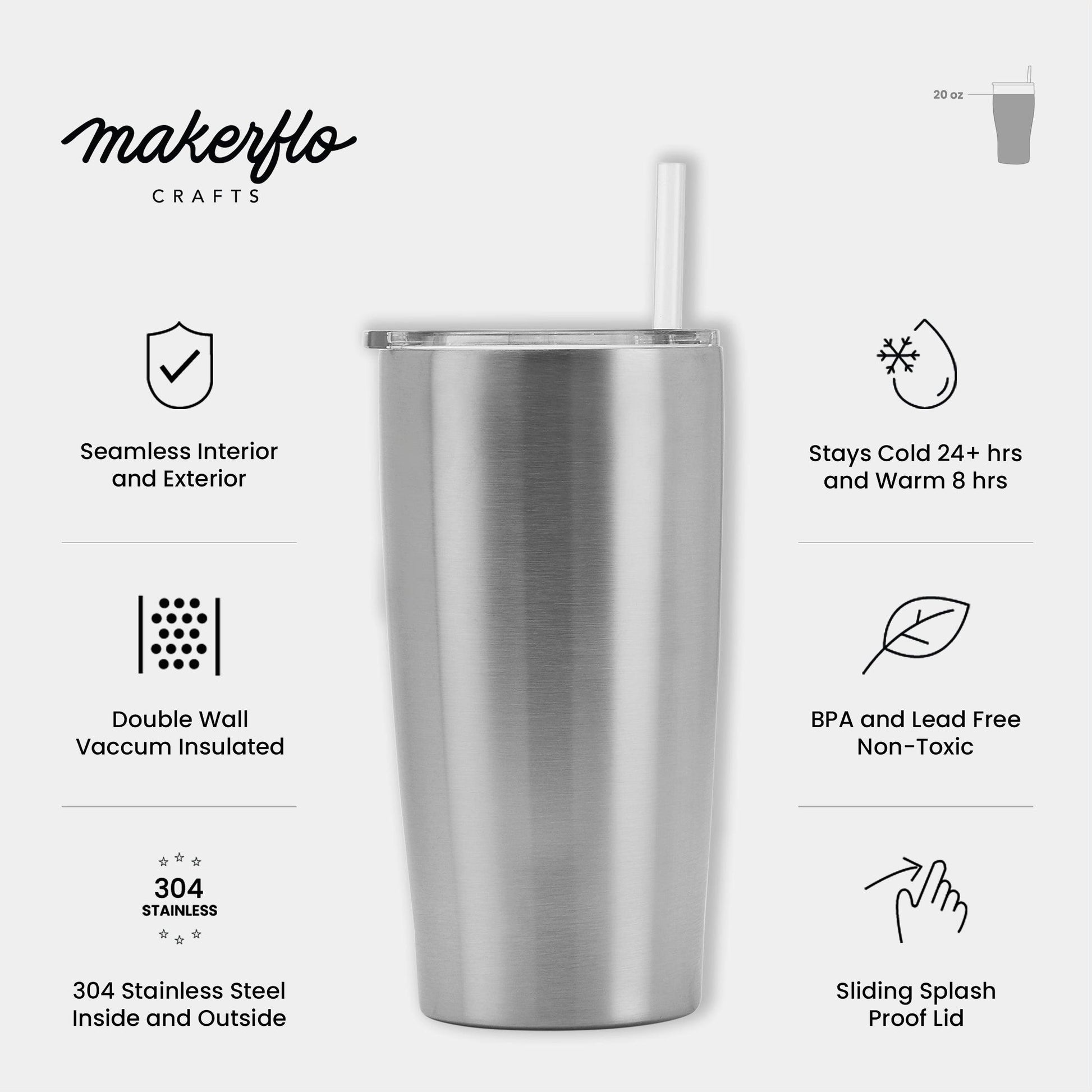 Silver, 20 oz Tumblers with Straws and Lids