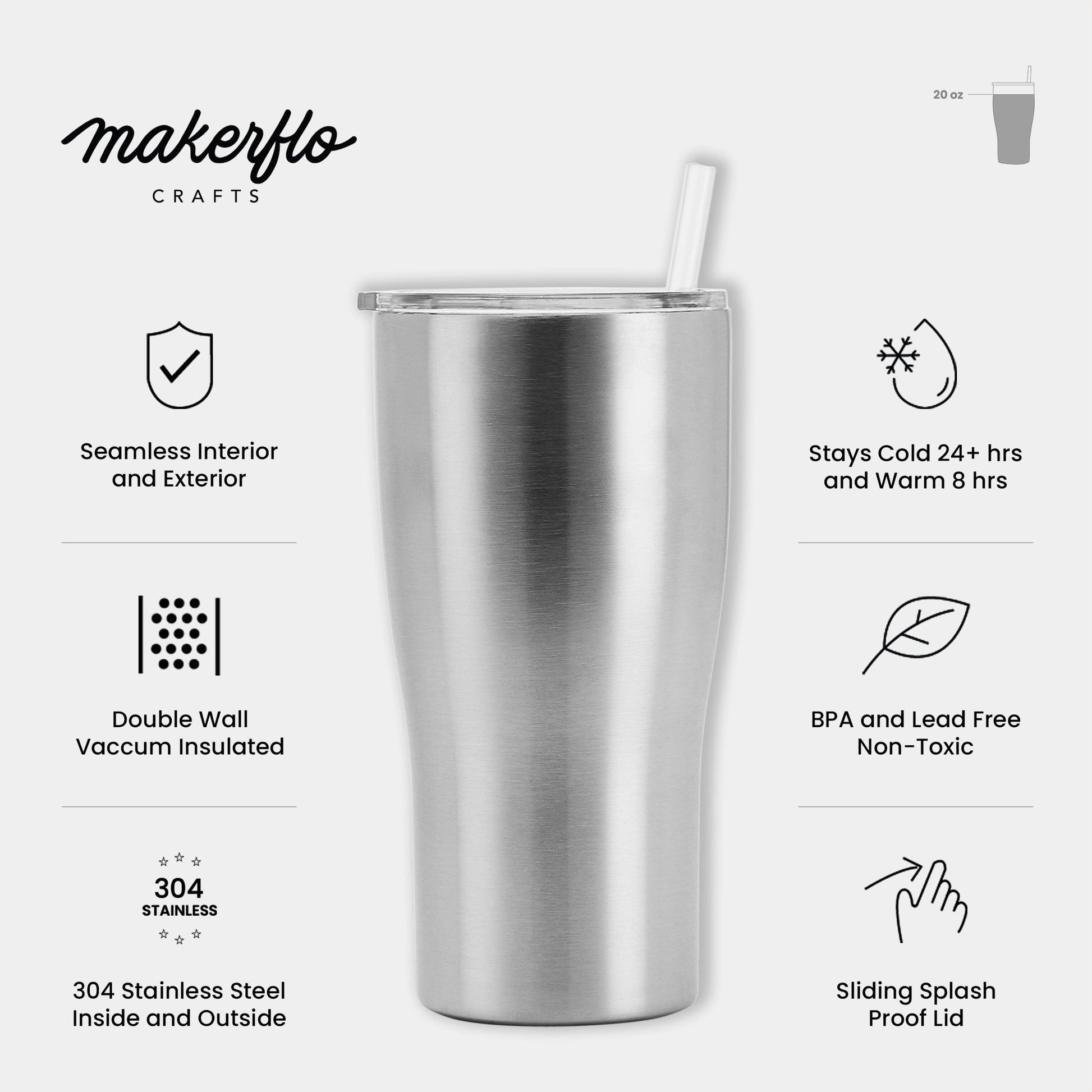 MakerFlo Crafts Tapered Tumbler, Stainless Steel, Case of 25, 32oz